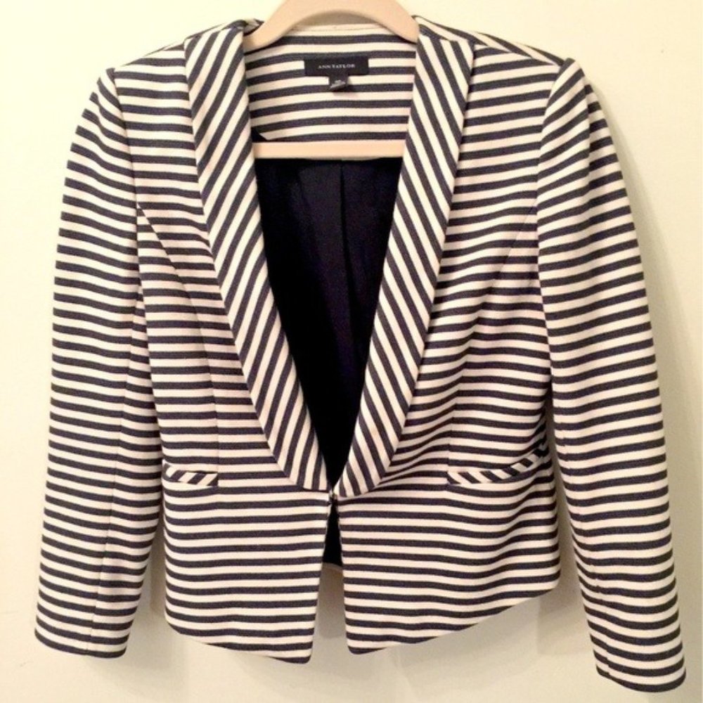 Ann Taylor Cropped Blazer Jacket, Open Front, Navy & White Striped